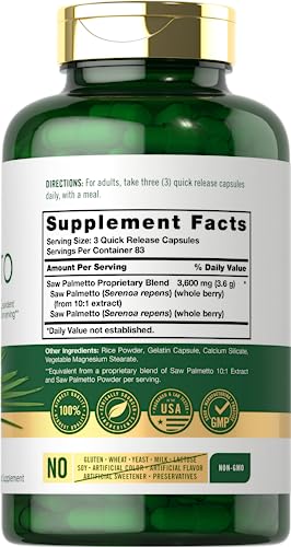 Carlyle Saw Palmetto for Men and Women | 3600 mg Saw Palmetto Supplement | Non-GMO and Gluten Free | 250 Capsules | Herb