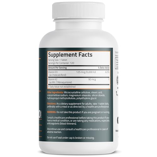  Bronson Vitamin K2 D3 (MK7) Non-GMO Formula, 5000IU Vitamin D3 & 90 mcg K2 MK-7, Easy to Swallow D & K Complex, 120 Tab