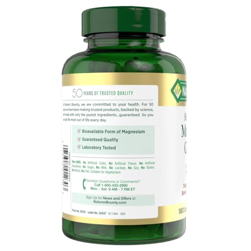  Natures Bounty Magnesium Glycinate for Men and Women, Muscle and Bone Health, Large Bottle / 180 Capsules 240 mg
| Natu
