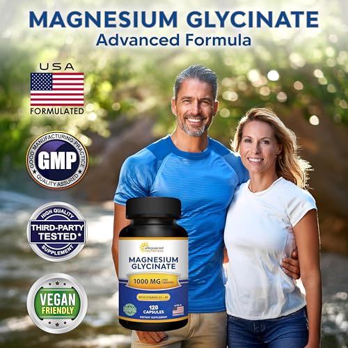 Magnesium Glycinate 1000mg + Vitamin D3 & B6-500mg Capsules - Pure Elemental Sleep, Muscle & Bone Health Supplement - Re