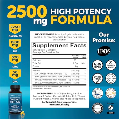 Triple Strength Omega 3 Fish Oil Supplement - 2500 mg High-Potency, Easy-to-Absorb Re-esterified Triglyceride Form, 180 