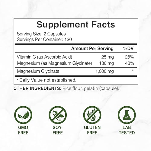 Magnesium Glycinate 500mg Per Capsule + Vitamin C for Muscle, Sleep, & Heart Health | 100% Chelated Easy Absorption | Es