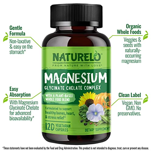 NATURELO Magnesium Glycinate Chelate Complex for Better Sleep and Calm - 200 mg Magnesium with Organic Vegetables - Glut