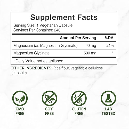  High Absorption Magnesium Glycinate 500mg 240 Veggie Capsules for Muscle, Sleep, & Heart Health
| 100% Chelated Magnesi