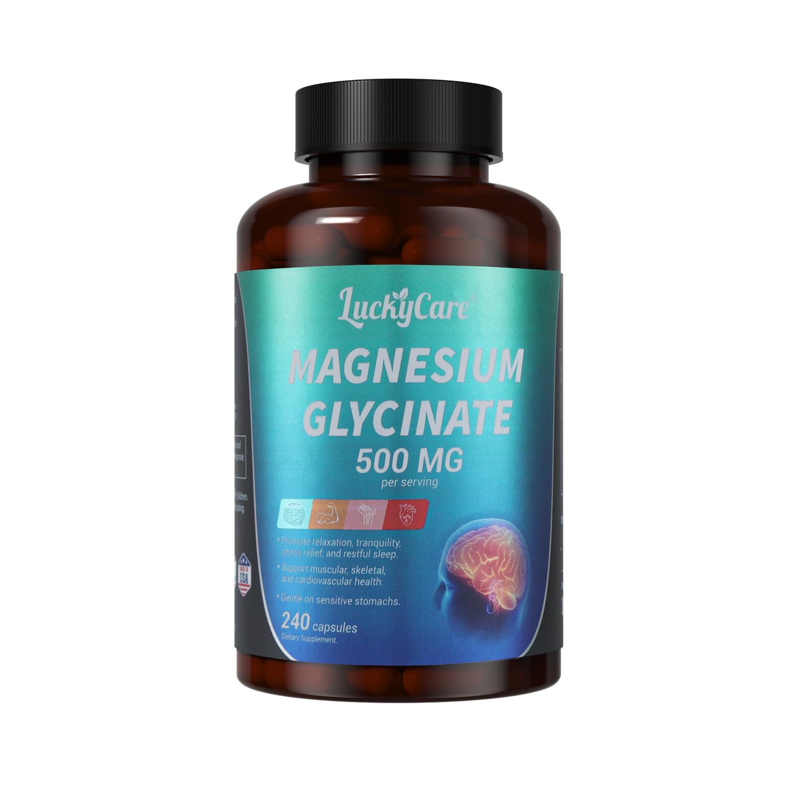 Magnesium Glycinate 500mg for Sleep, Stress Relief, Muscle & Nerve Support - Non-GMO, Gentle on Stomach - 240 Capsules  