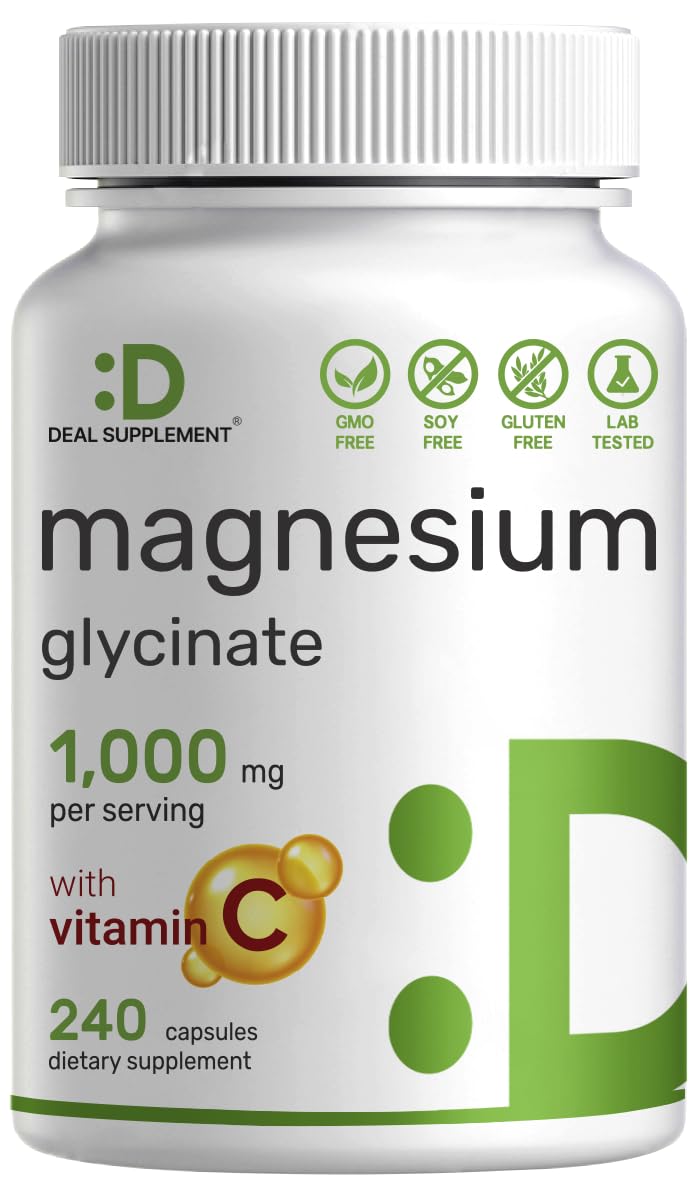 Magnesium Glycinate 500mg Per Capsule + Vitamin C for Muscle, Sleep, & Heart Health | 100% Chelated Easy Absorption | Es