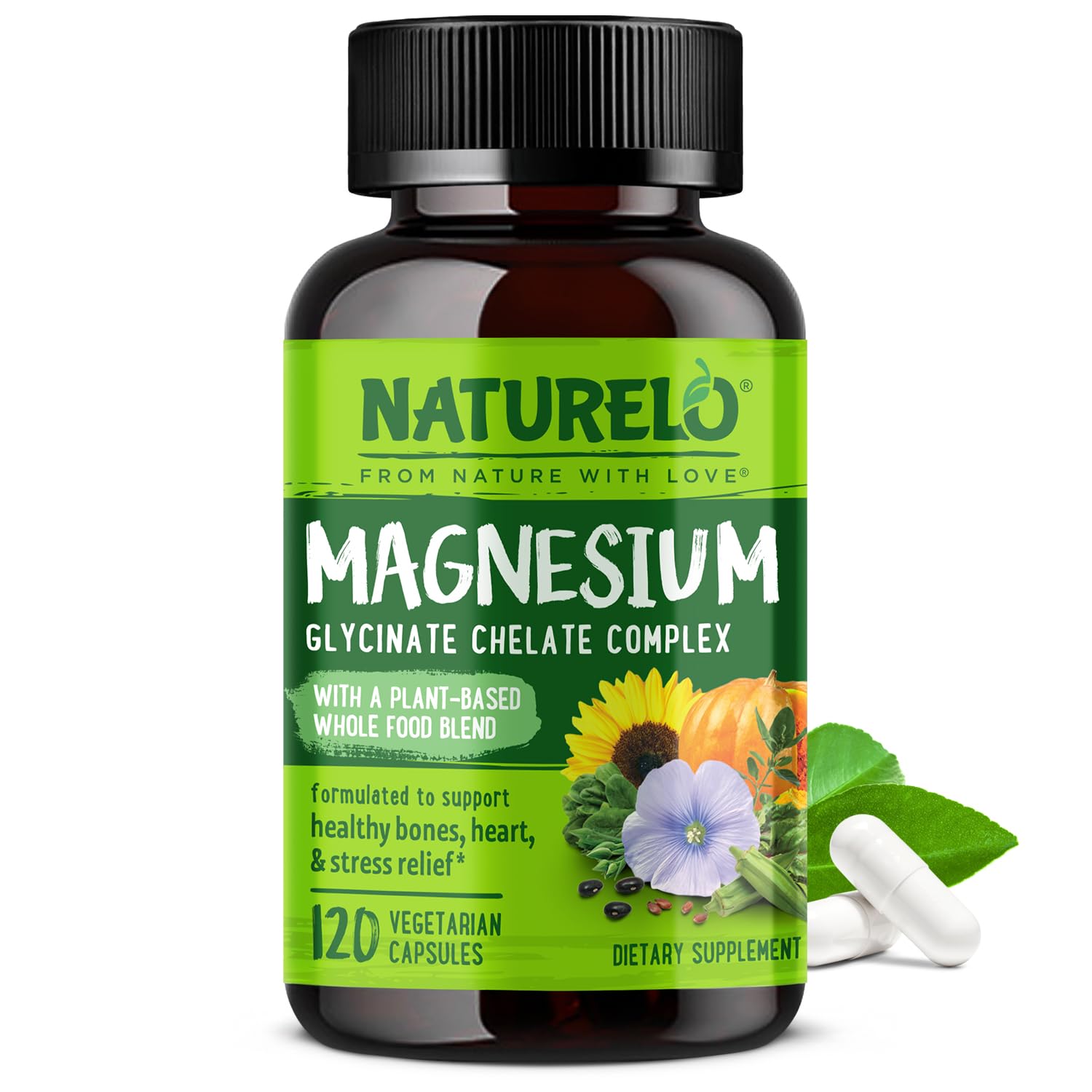 NATURELO Magnesium Glycinate Chelate Complex for Better Sleep and Calm - 200 mg Magnesium with Organic Vegetables - Glut
