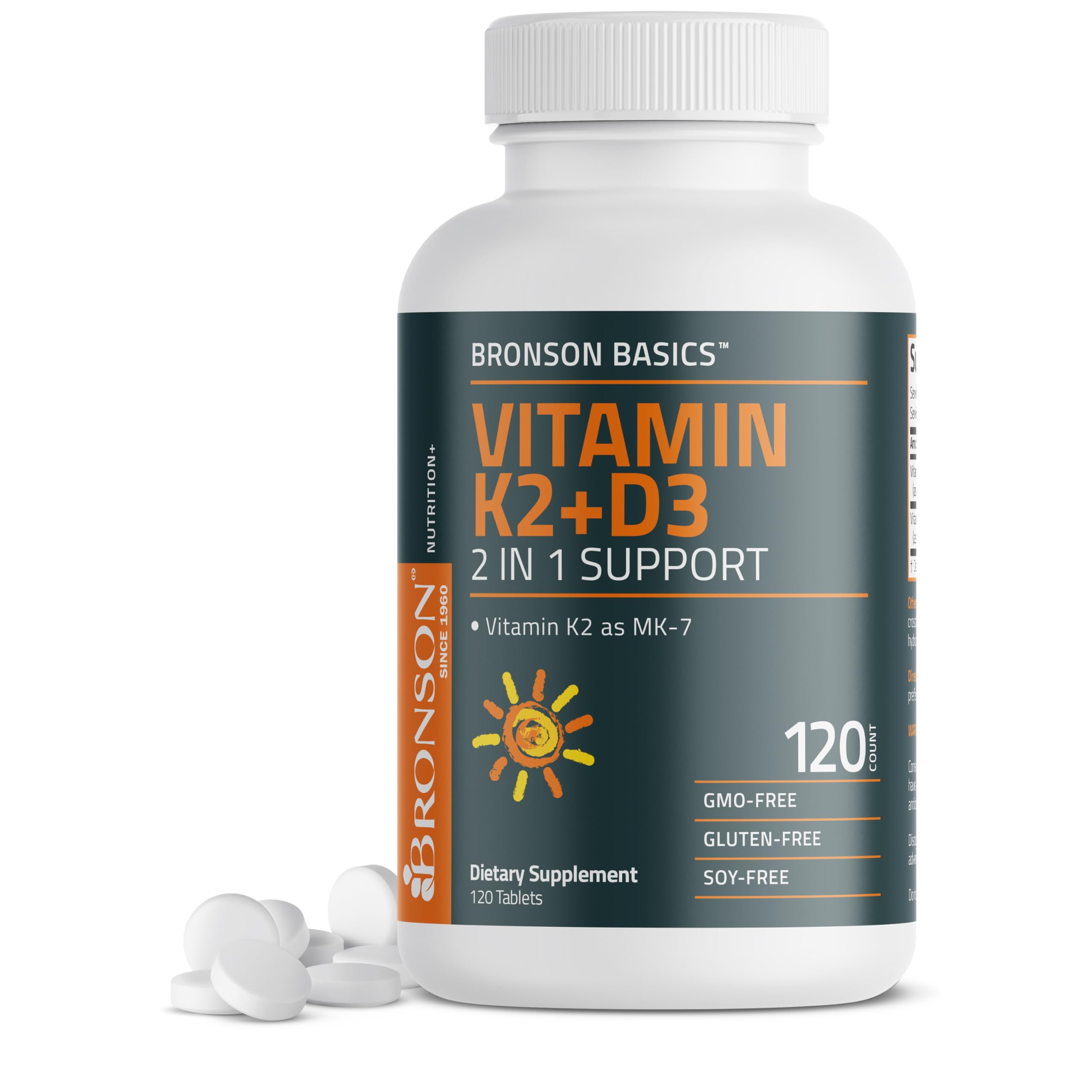  Bronson Vitamin K2 D3 (MK7) Non-GMO Formula, 5000IU Vitamin D3 & 90 mcg K2 MK-7, Easy to Swallow D & K Complex, 120 Tab