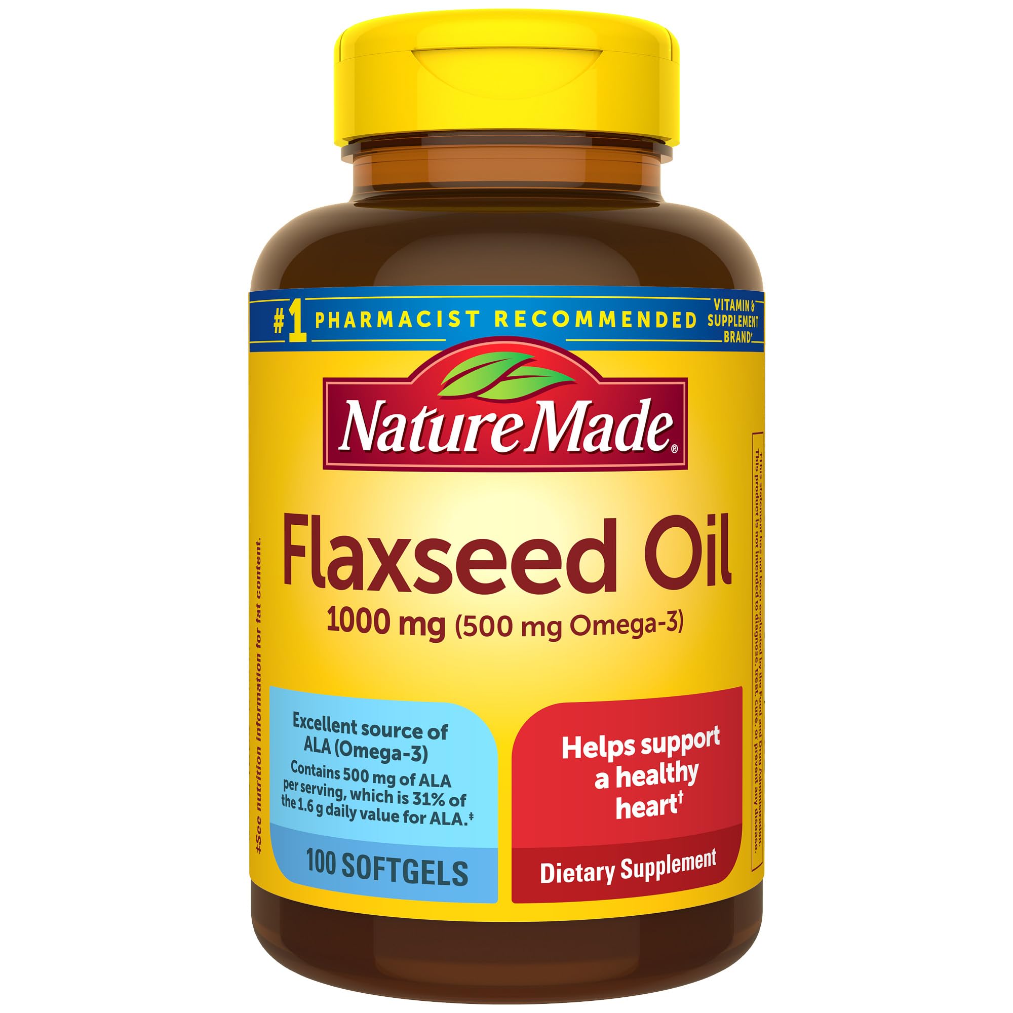Nature Made Flaxseed Oil 1000 mg Heart Health Supplement for Men & Women, Fish Free Omega 3, 100 Day Supply, 100 Softgel