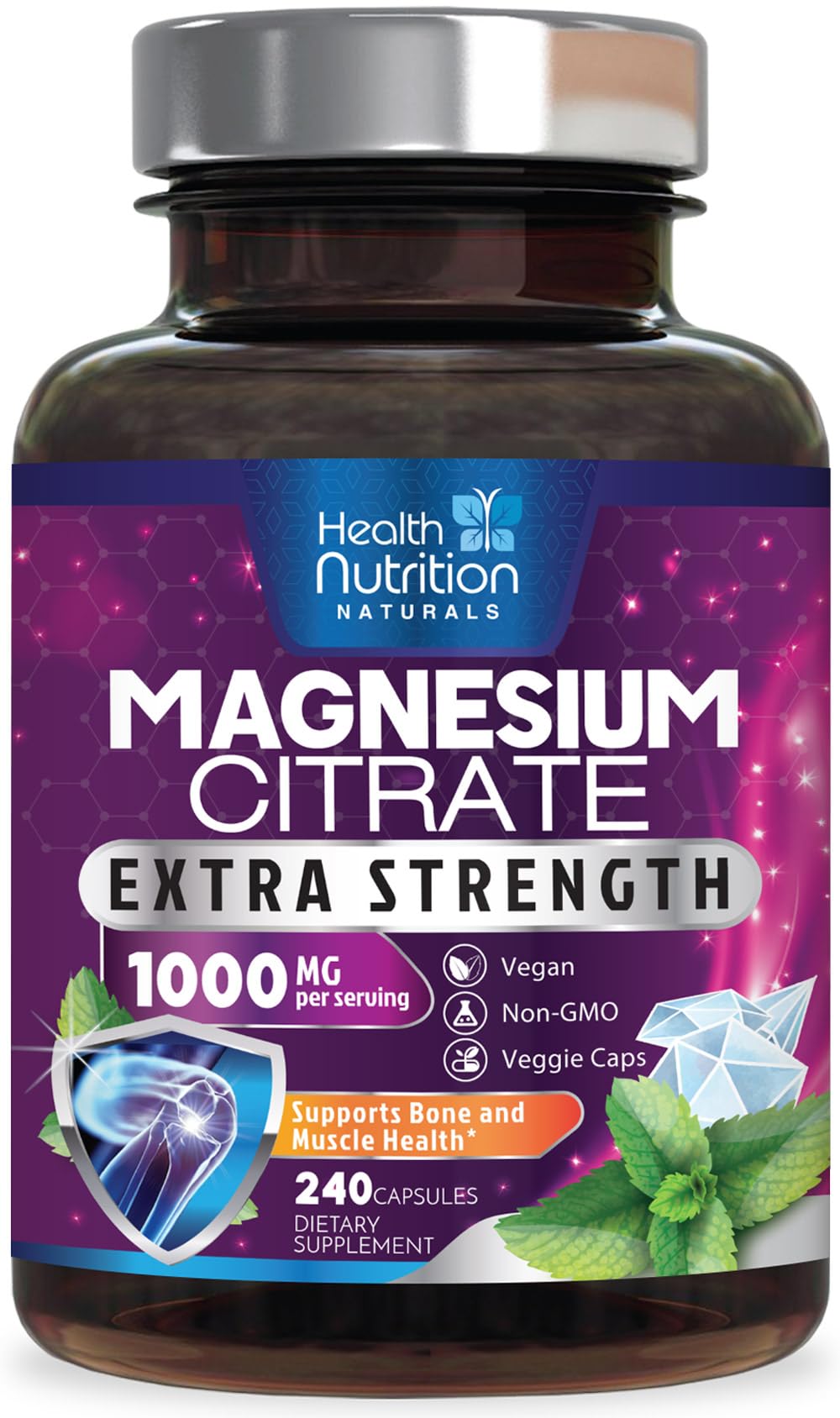 Max Absorption Magnesium Citrate Capsules 1000mg for Muscle, Nerve, Bone and Heart Health Support - Gluten Free, Non-GMO
