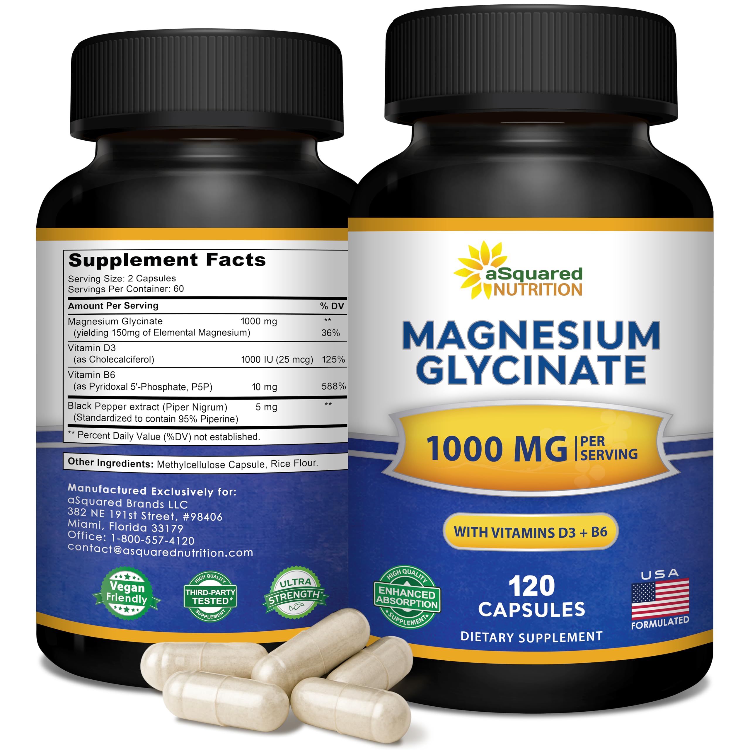 Magnesium Glycinate 1000mg + Vitamin D3 & B6-500mg Capsules - Pure Elemental Sleep, Muscle & Bone Health Supplement - Re