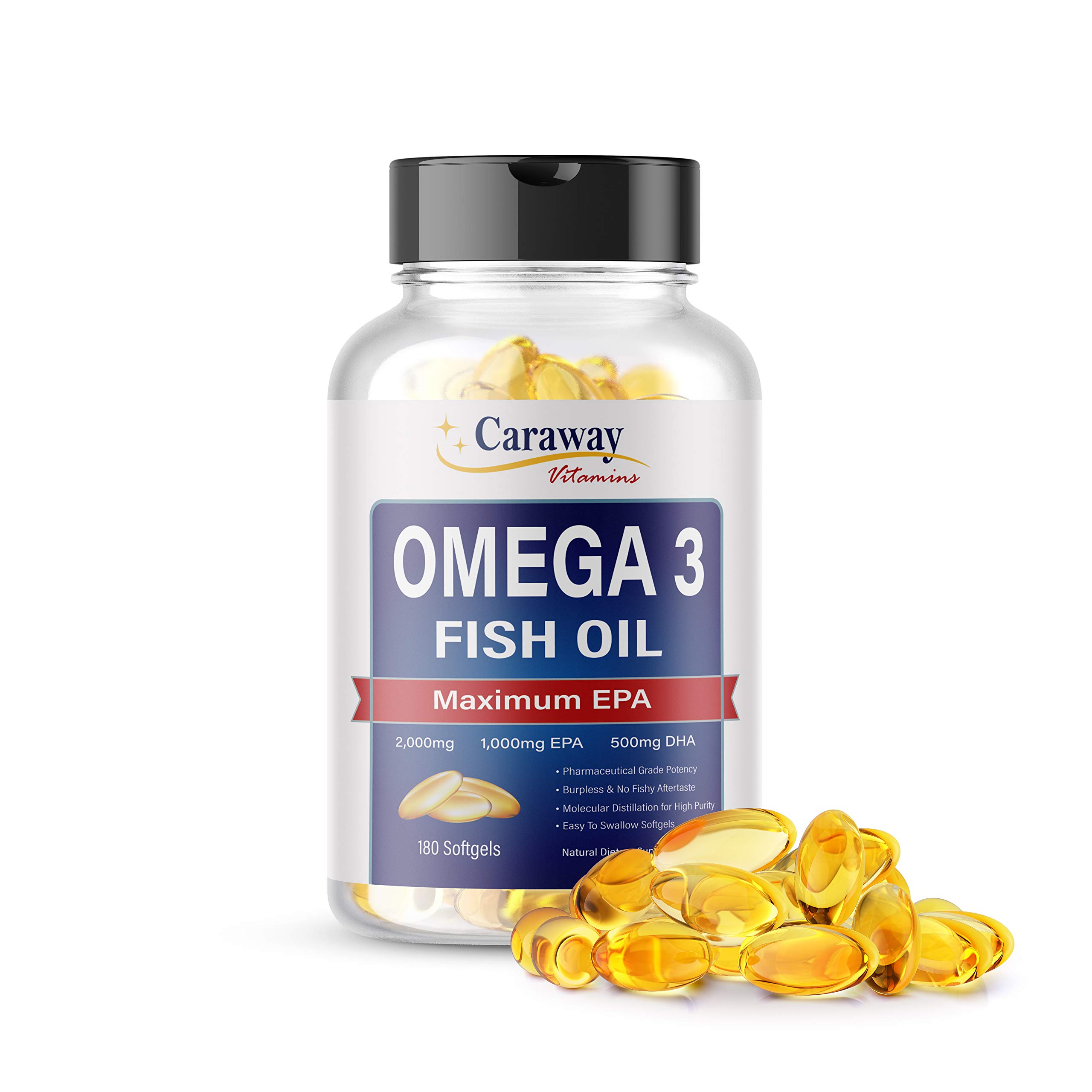 Omega 3 Fish Oil 2000mg for Men & Women: All Natural, Organic, Non GMO, Gluten Free, 1000mg EPA 500mg DHA Burpless Capsu