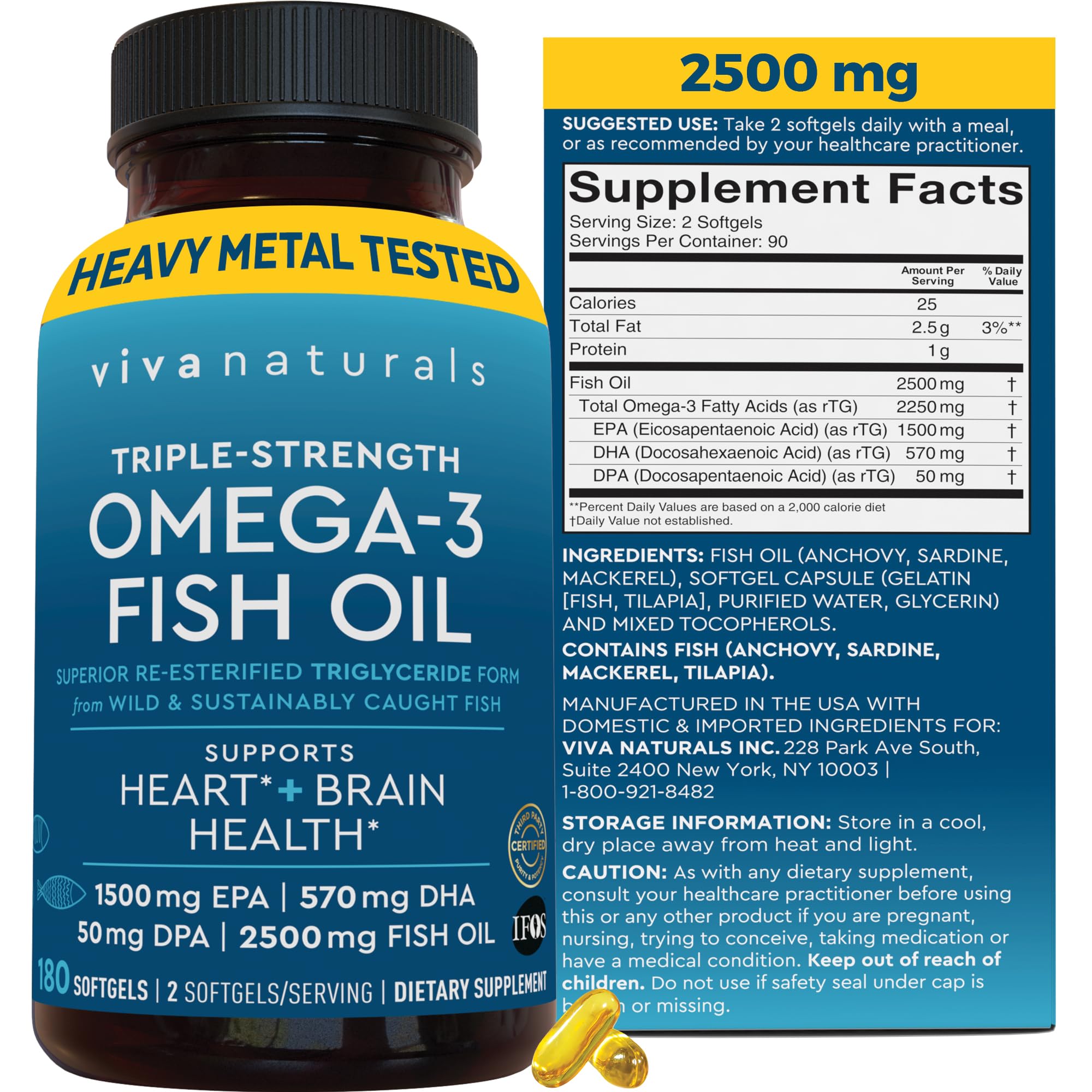 Triple Strength Omega 3 Fish Oil Supplement - 2500 mg High-Potency, Easy-to-Absorb Re-esterified Triglyceride Form, 180 
